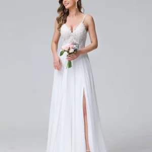 A-Line Alças Finas com Decote Em V Sem Mangas Vestidos de Casamento Longos de Chiffon com Apliques Laterais Divididas